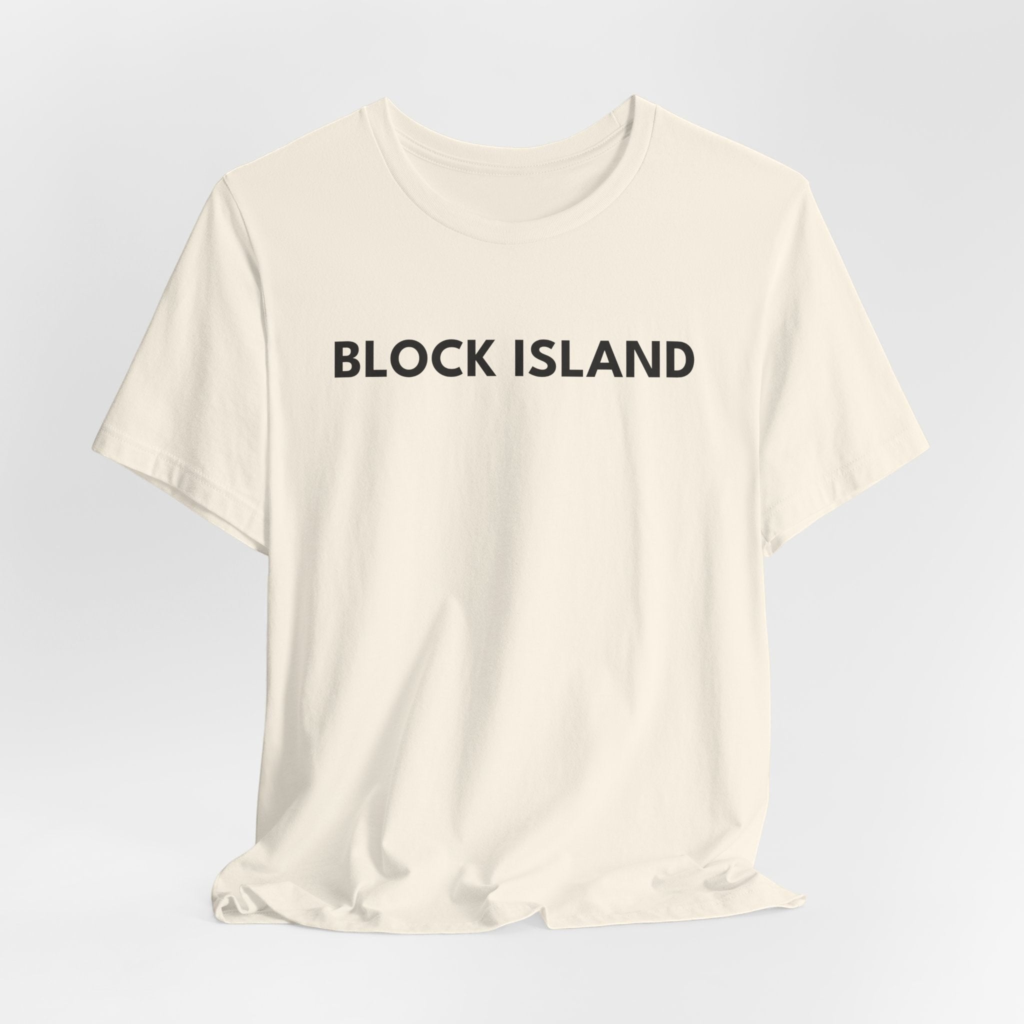 BlockBoundRI cream cotton t-shirt featuring minimalist black BLOCK ISLAND text on the front chest