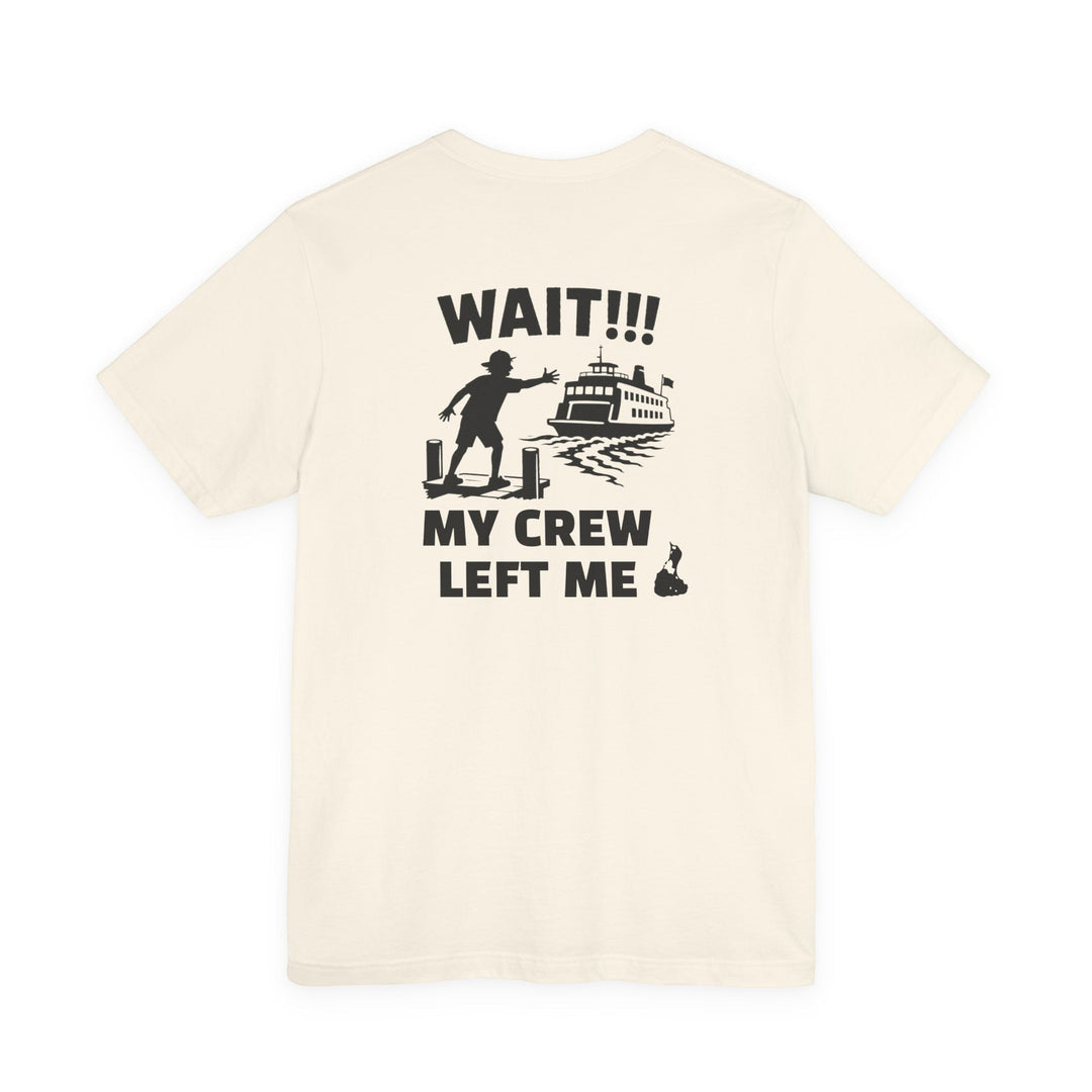 BlockBoundRI cream cotton t-shirt featuring a back graphic of a person waving at a departing ferry with text.