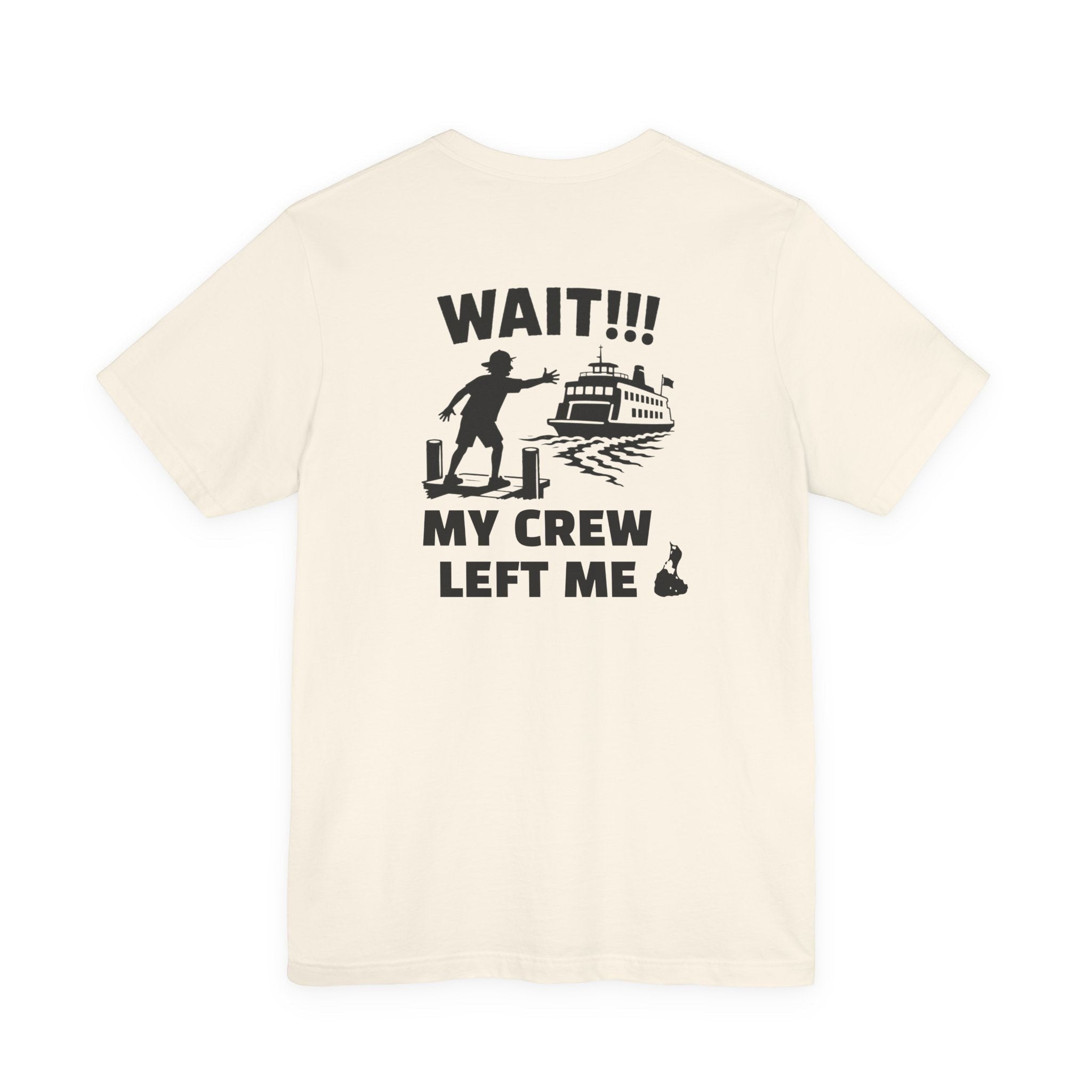 BlockBoundRI cream cotton t-shirt featuring a back graphic of a person waving at a departing ferry with text.