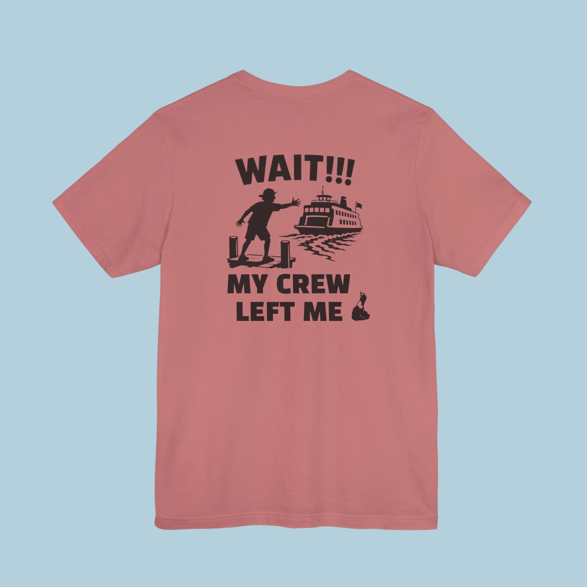 BlockBoundRI cotton t-shirt in dusty rose featuring a back graphic of a person missing a ferry with text