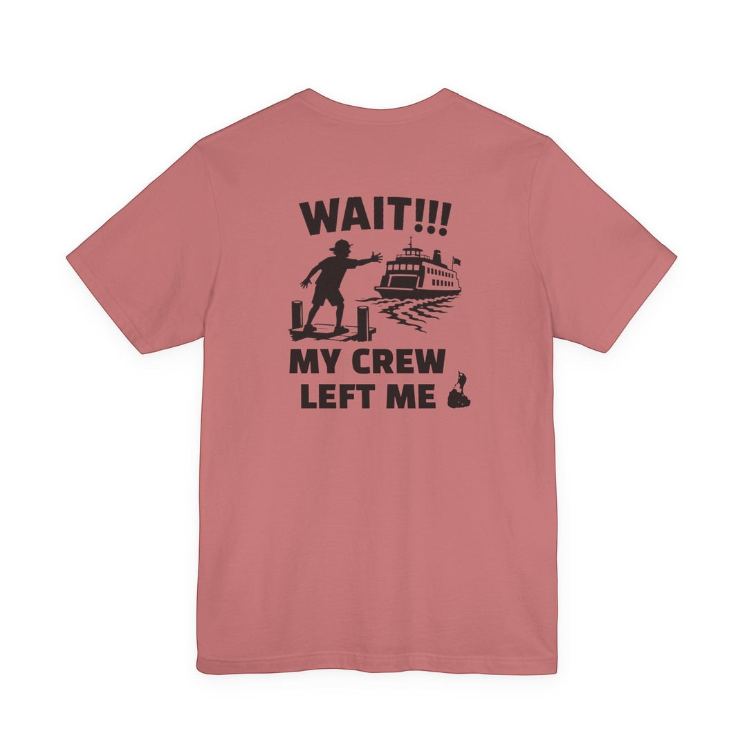 BlockBoundRI cotton t-shirt in dusty rose featuring a back graphic of a person missing a ferry with humorous text.