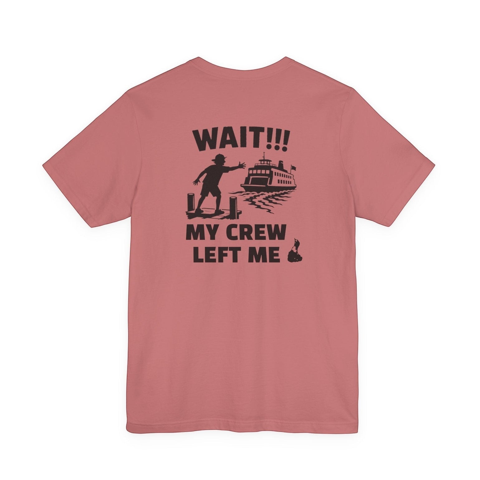 BlockBoundRI cotton t-shirt in dusty rose featuring a back graphic of a person missing a ferry with humorous text.