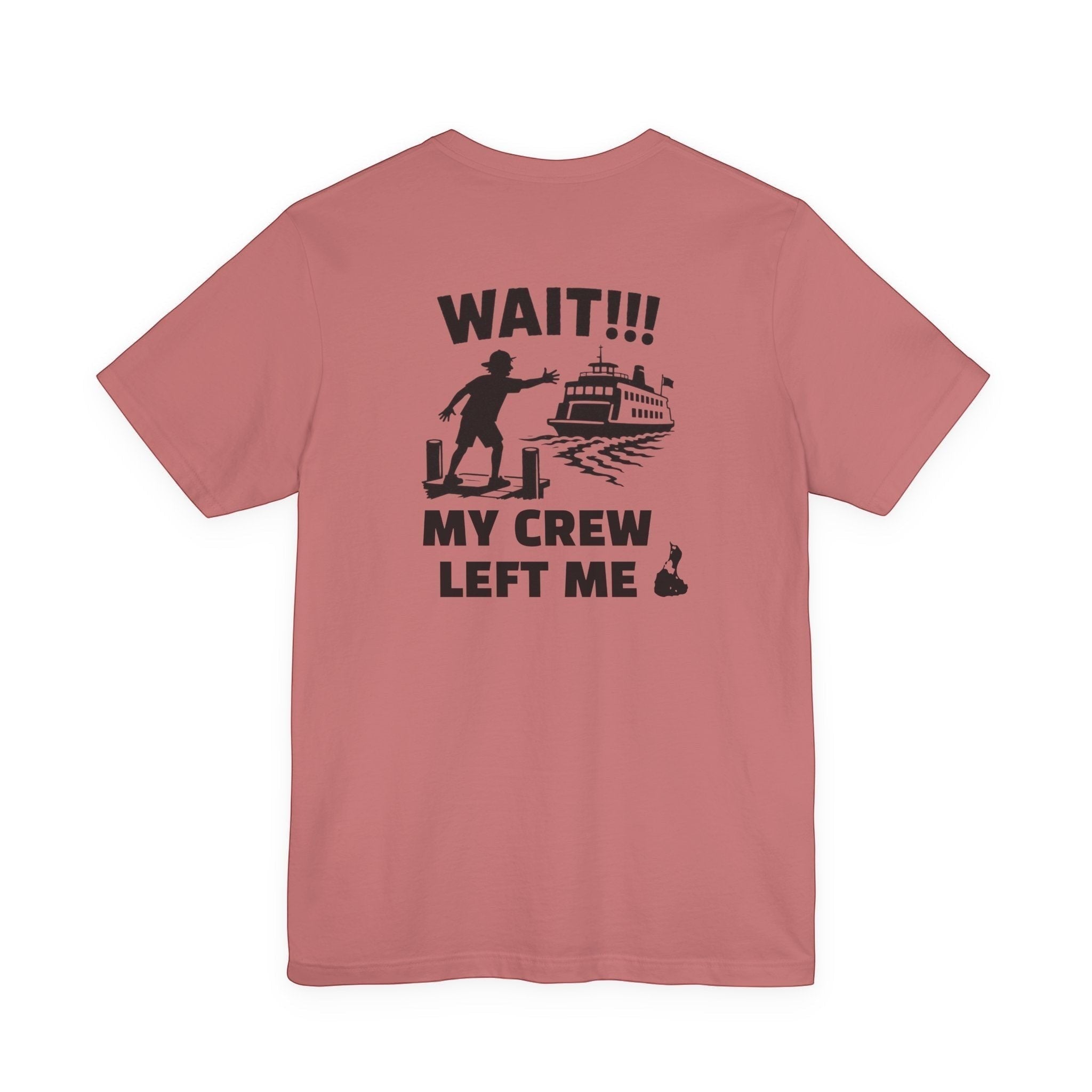 BlockBoundRI cotton t-shirt in dusty rose featuring a back graphic of a person missing a ferry with humorous text.