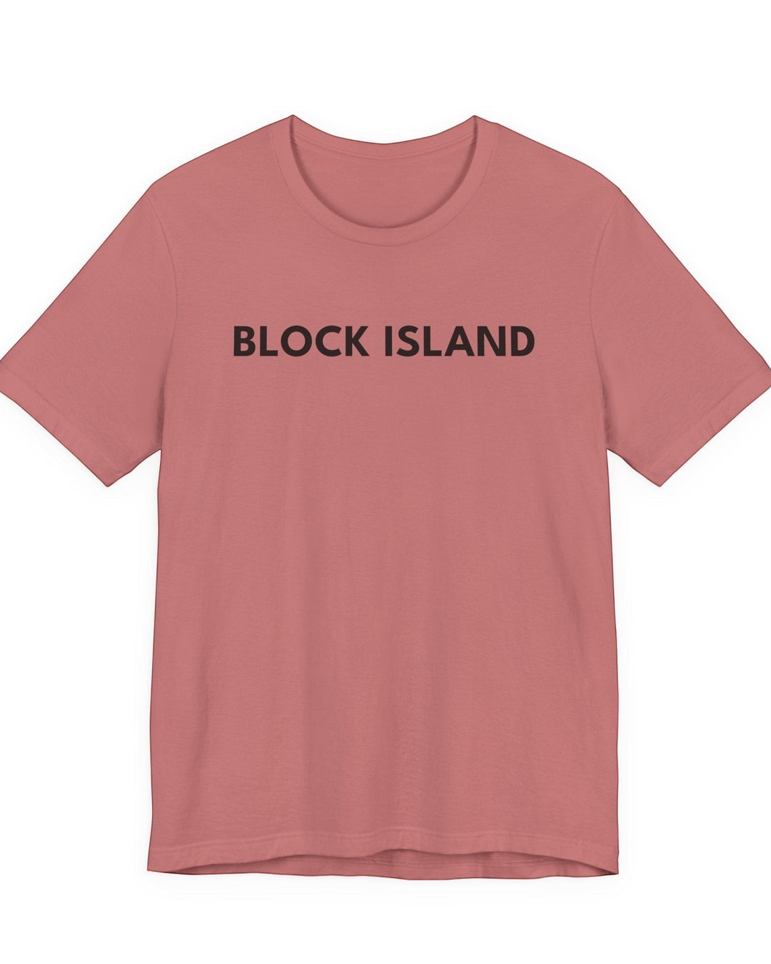 BlockBoundRI crew neck t-shirt in dusty rose cotton with BLOCK ISLAND printed in black on the chest