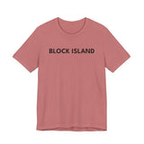 BlockBoundRI crew neck t-shirt in dusty rose cotton with BLOCK ISLAND printed in black on the chest