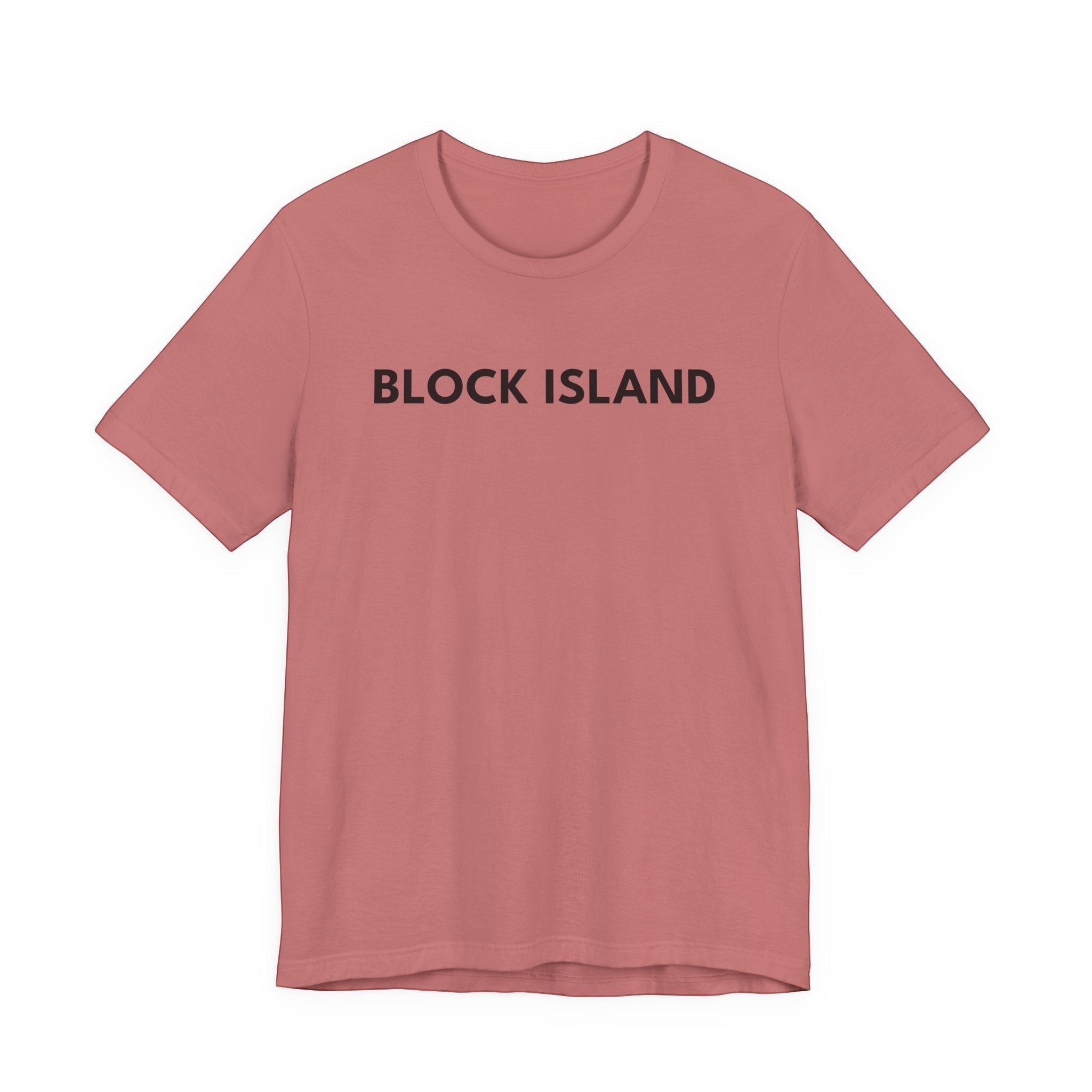 BlockBoundRI crew neck t-shirt in dusty rose cotton with BLOCK ISLAND printed in black on the chest