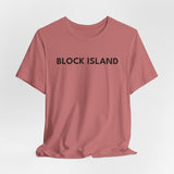 BlockBoundRI crew neck t-shirt in dusty rose cotton with BLOCK ISLAND printed in black on the chest.