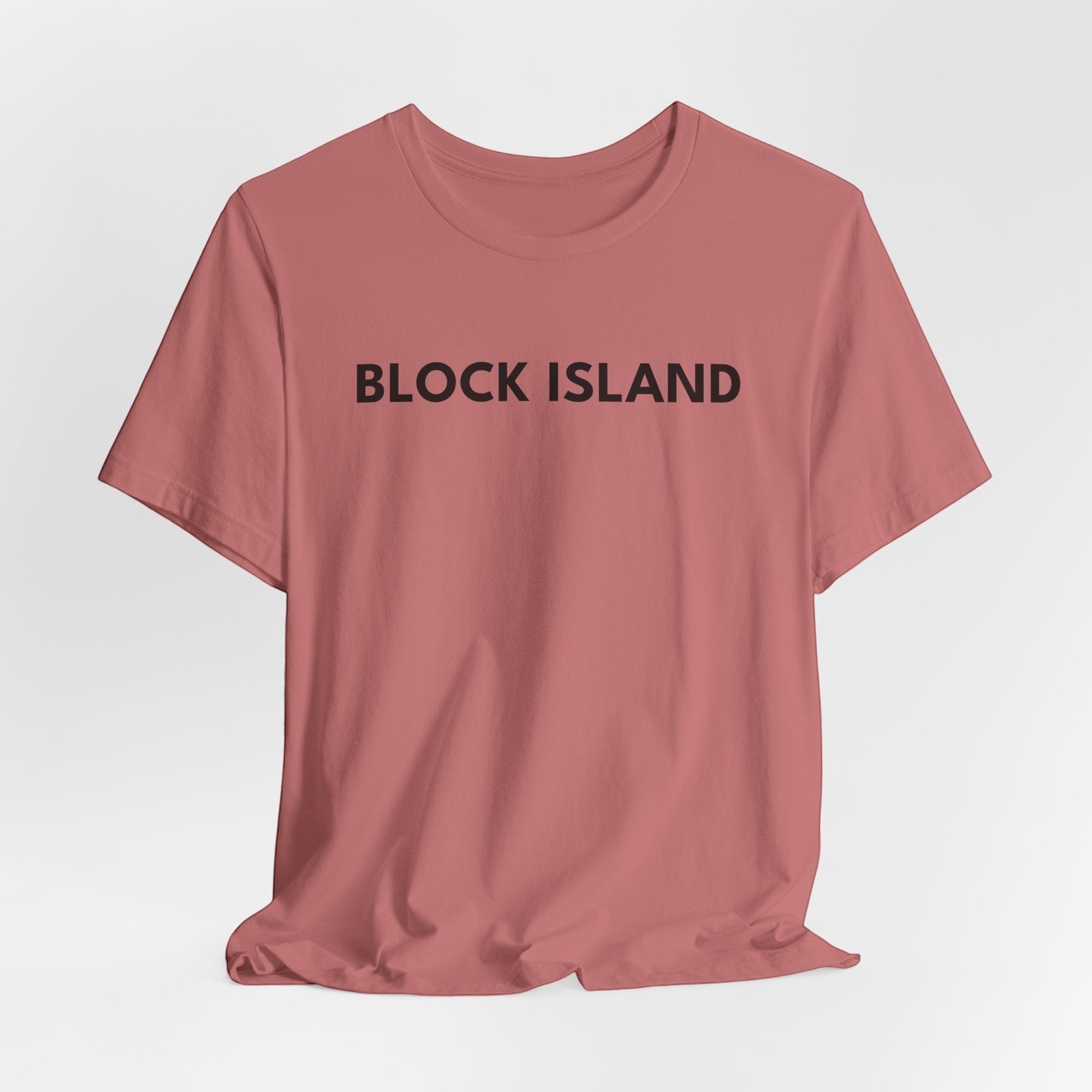 BlockBoundRI crew neck t-shirt in dusty rose cotton with BLOCK ISLAND printed in black on the chest.