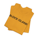 BlockBoundRI gold cotton t-shirt featuring minimalist black BLOCK ISLAND text on the front