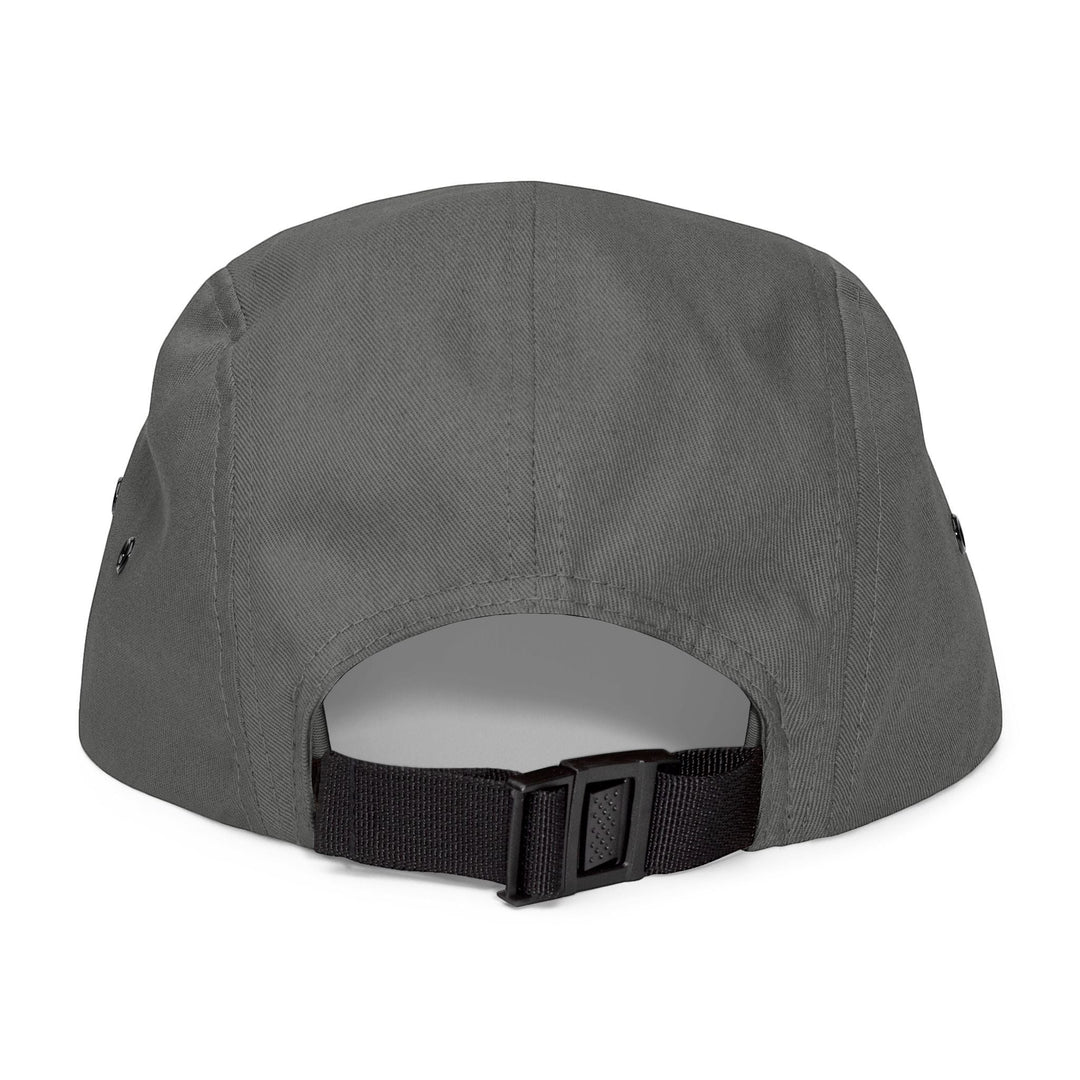BlockBoundRI grey 5-panel cotton cap with an adjustable black nylon strap and clip closure, back view.