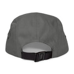BlockBoundRI grey 5-panel cotton cap with an adjustable black nylon strap and clip closure, back view.