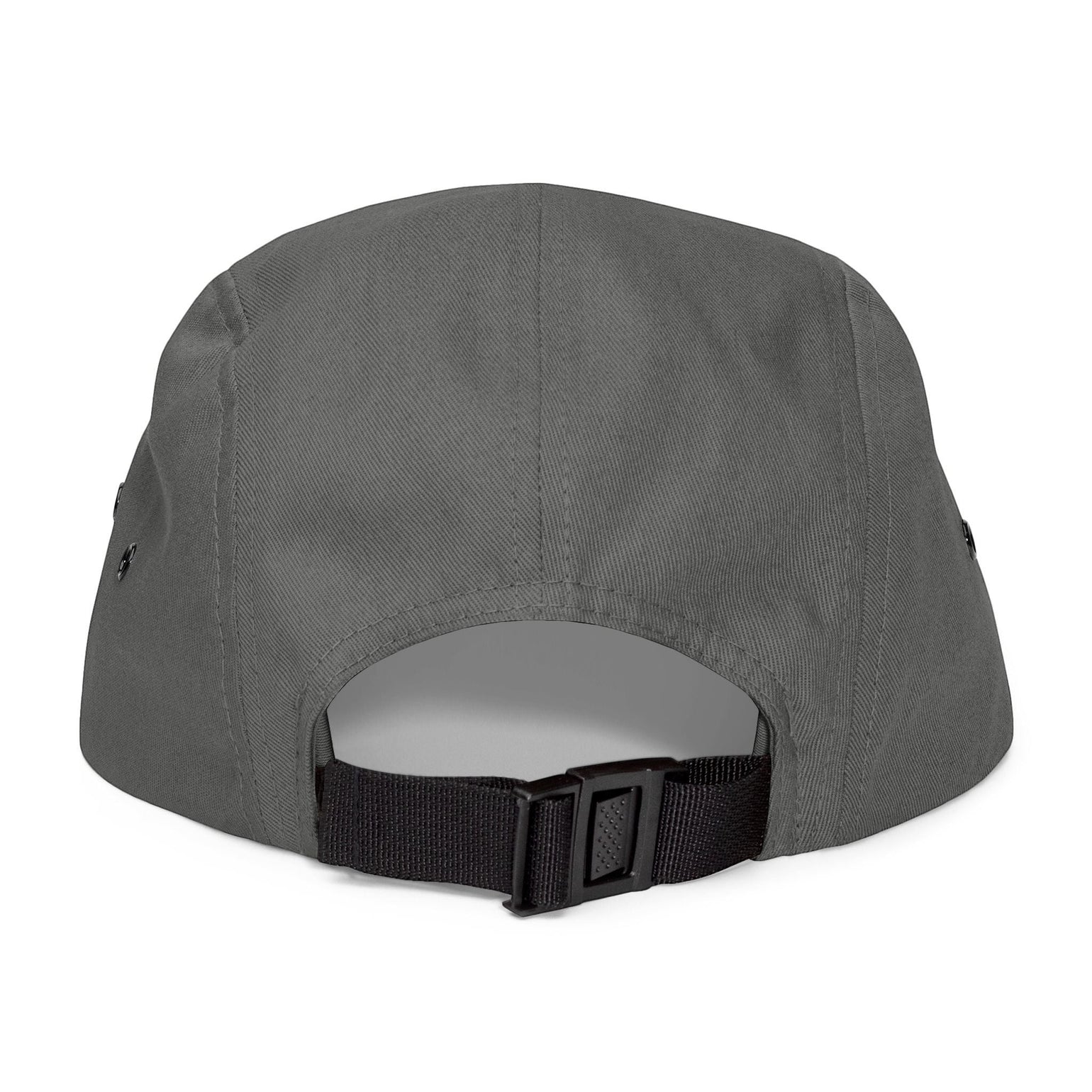 BlockBoundRI grey 5-panel cotton cap with an adjustable black nylon strap and clip closure, back view.