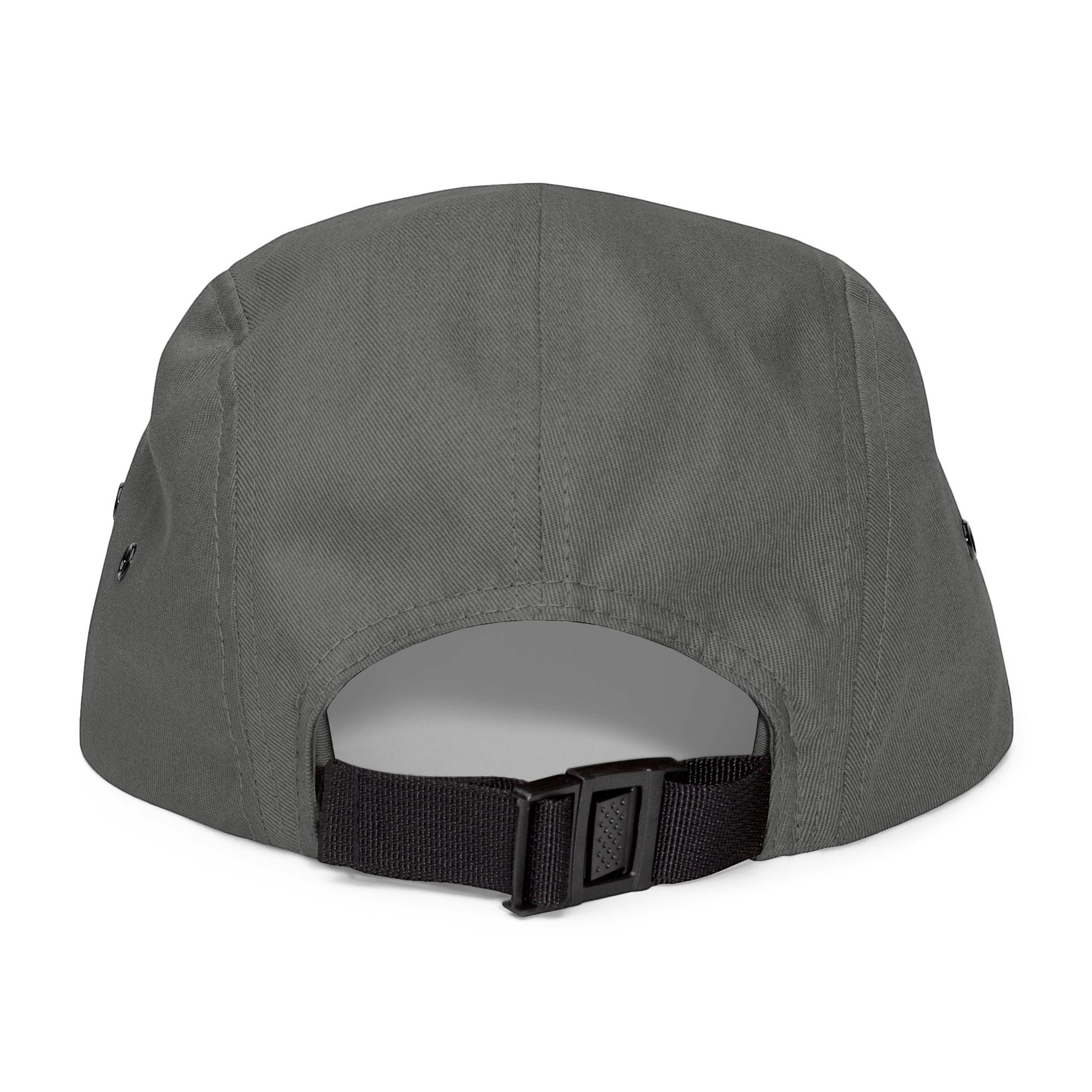 BlockBoundRI grey 5-panel cotton cap with an adjustable black nylon strap and clip closure, back view.