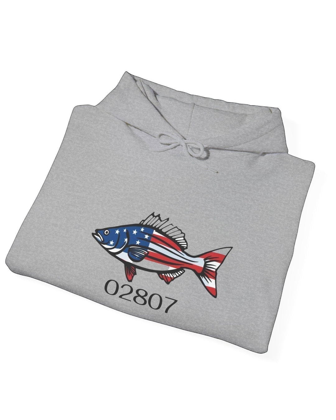 BlockBoundRI grey hooded sweatshirt featuring a hand-drawn striped bass with American flag pattern and 02807 zip code.