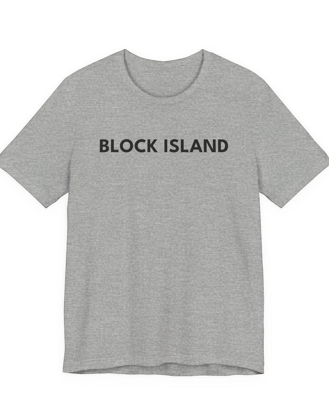BlockBoundRI grey cotton t-shirt with BLOCK ISLAND text printed in black on the chest.