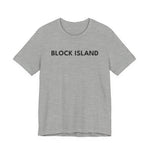 BlockBoundRI grey cotton t-shirt with BLOCK ISLAND text printed in black on the chest.