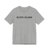 BlockBoundRI grey cotton t-shirt with BLOCK ISLAND text printed in black on the chest.