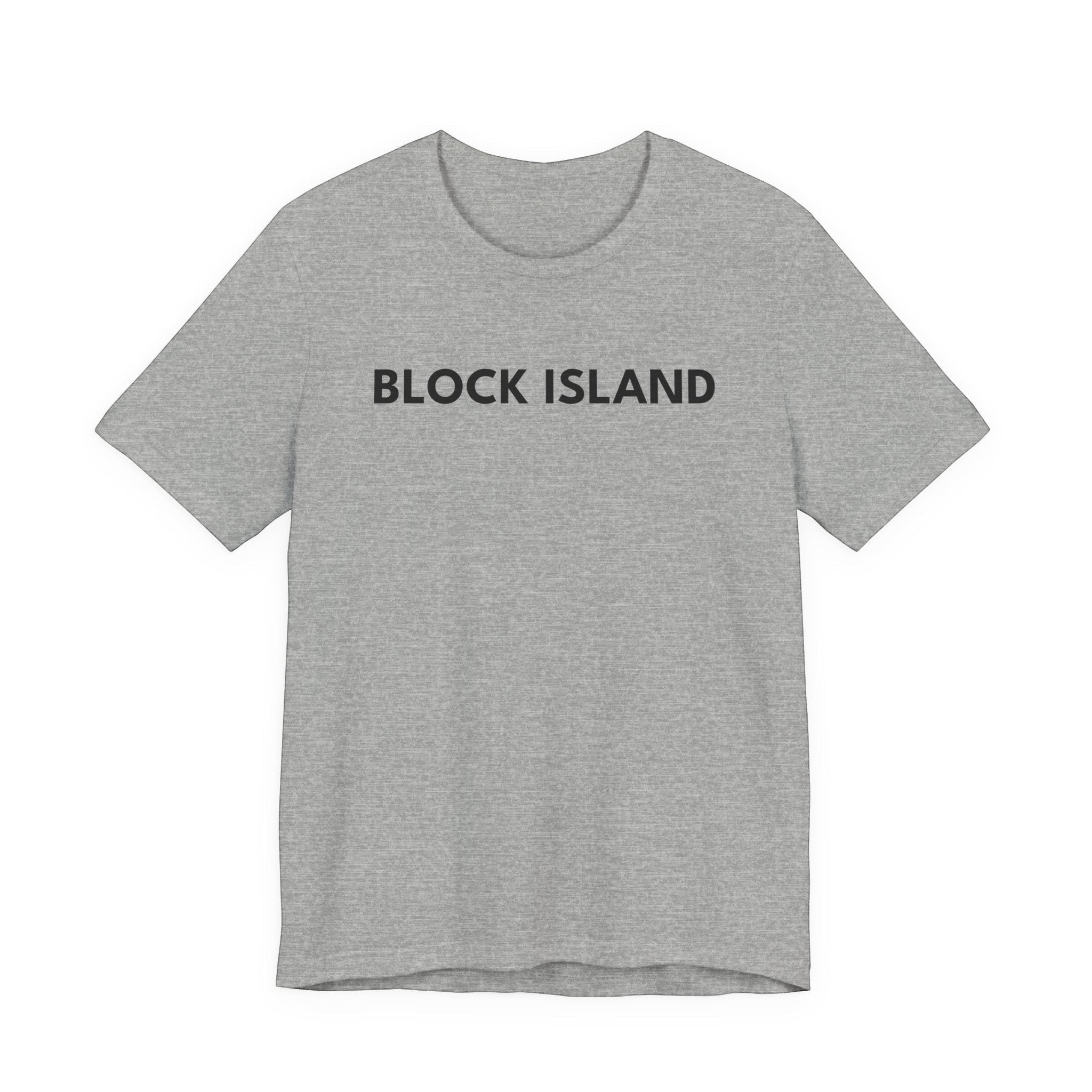 BlockBoundRI grey cotton t-shirt with BLOCK ISLAND text printed in black on the chest.