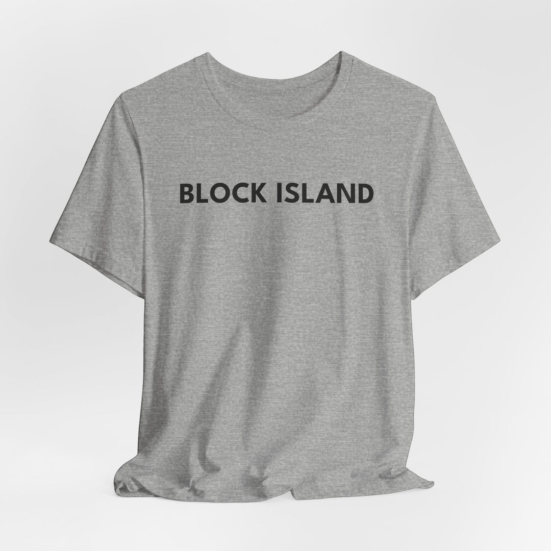 BlockBoundRI grey crew neck t-shirt featuring minimalist black BLOCK ISLAND text on the front chest