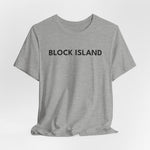 BlockBoundRI grey crew neck t-shirt featuring minimalist black BLOCK ISLAND text on the front chest