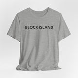 BlockBoundRI grey crew neck t-shirt featuring minimalist black BLOCK ISLAND text on the front chest
