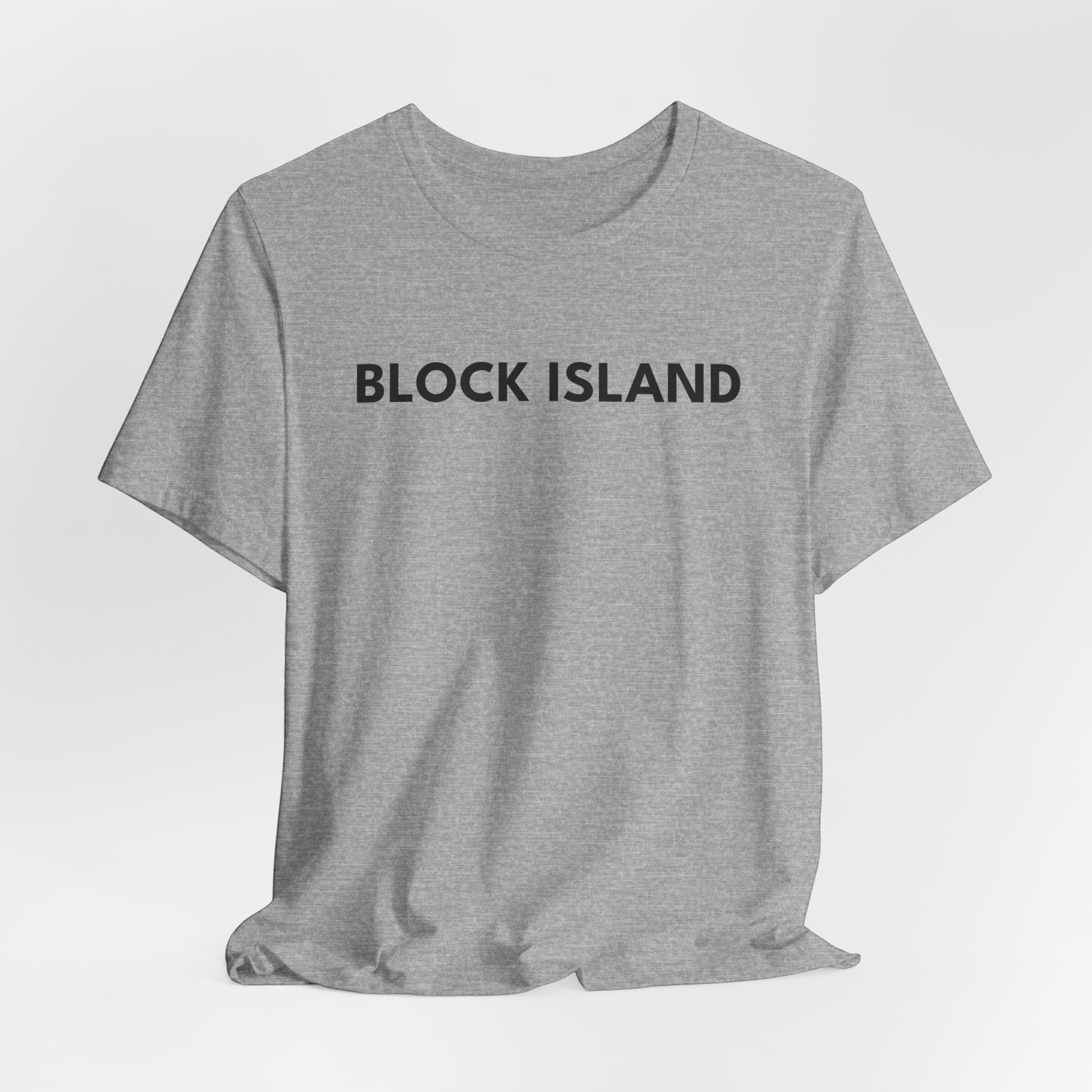 BlockBoundRI grey crew neck t-shirt featuring minimalist black BLOCK ISLAND text on the front chest