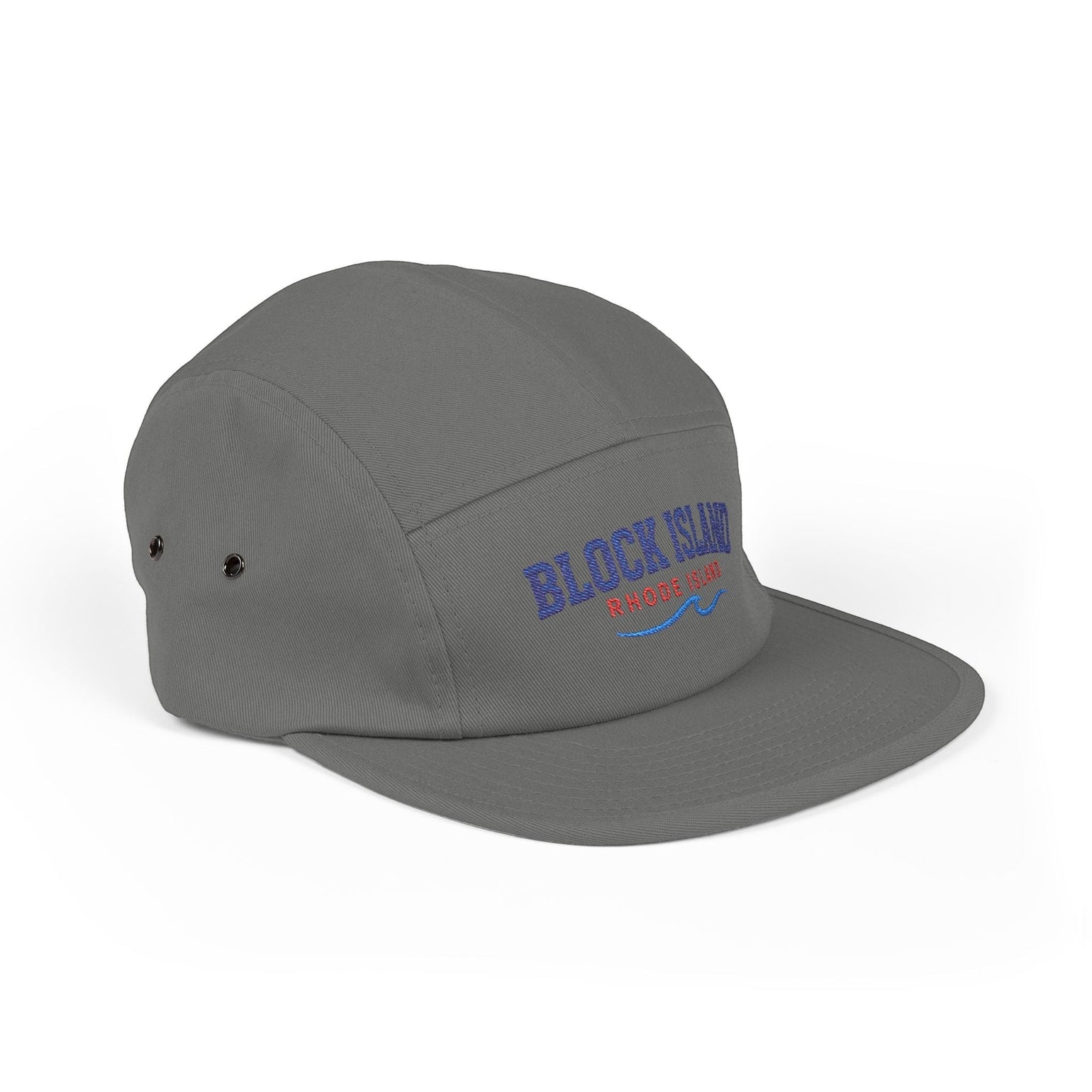 BlockBoundRI grey 5-panel cotton cap with Block Island Rhode Island wave embroidery and metal side eyelets