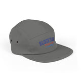 BlockBoundRI grey 5-panel cotton cap with Block Island Rhode Island wave embroidery and metal side eyelets