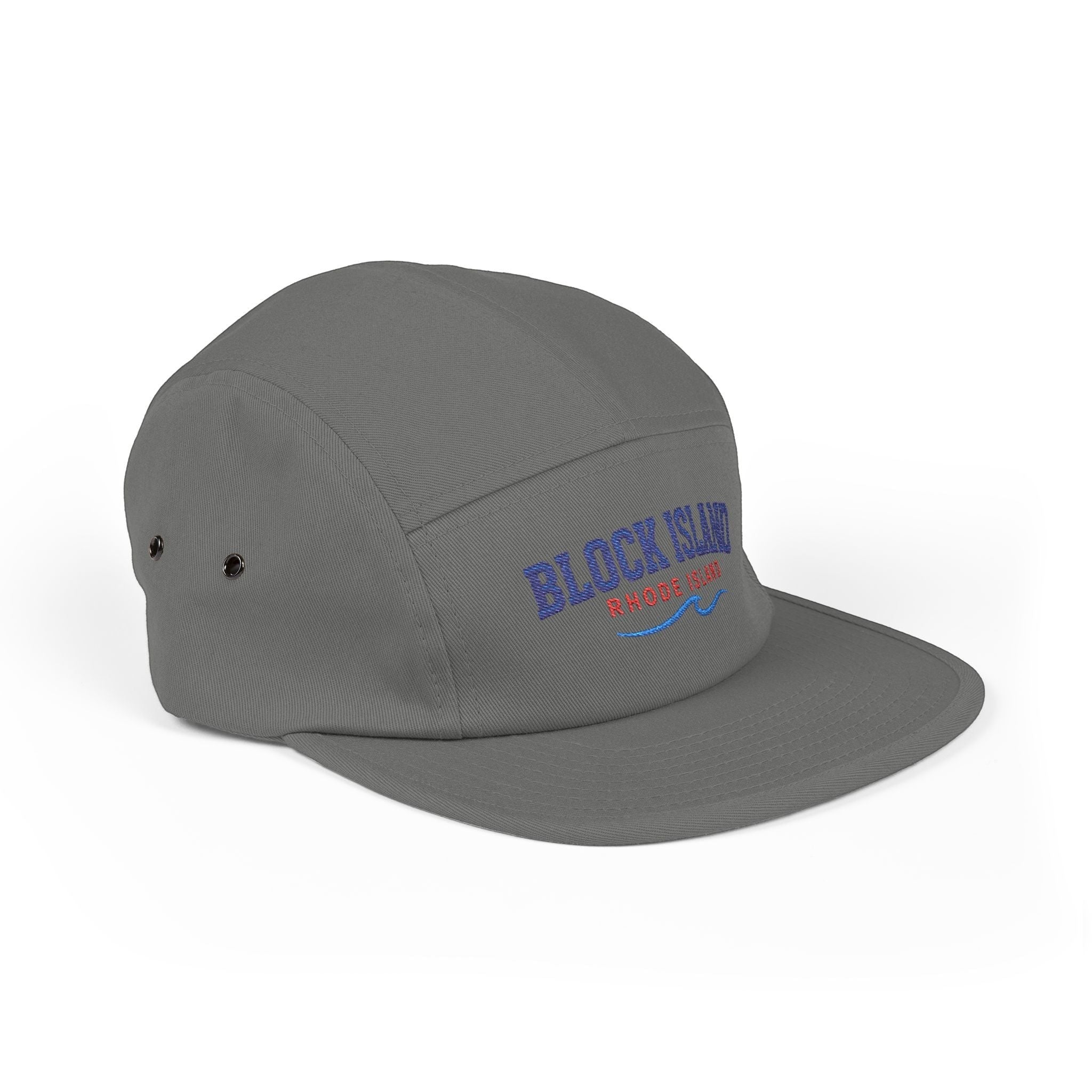 BlockBoundRI grey 5-panel cotton cap with Block Island Rhode Island wave embroidery and metal side eyelets