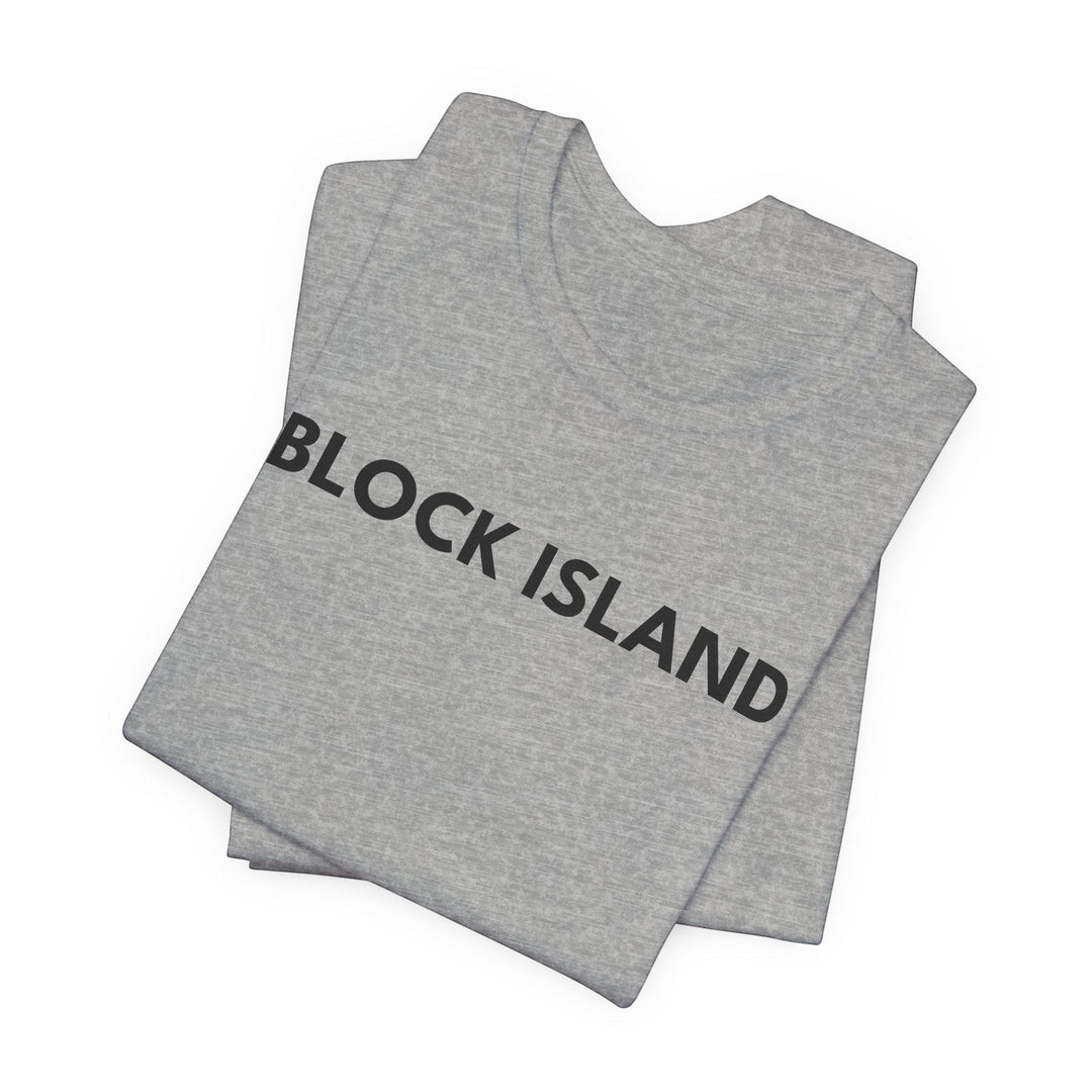 BlockBoundRI grey cotton t-shirt folded with Block Island text printed on the front
