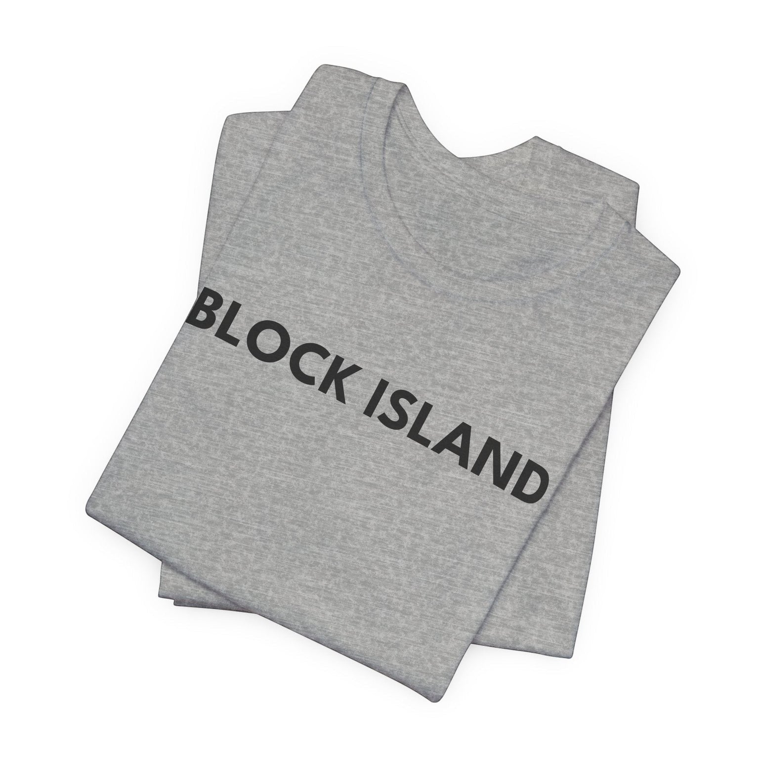 BlockBoundRI grey cotton t-shirt folded with Block Island text printed on the front