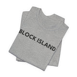 BlockBoundRI grey cotton t-shirt folded with Block Island text printed on the front