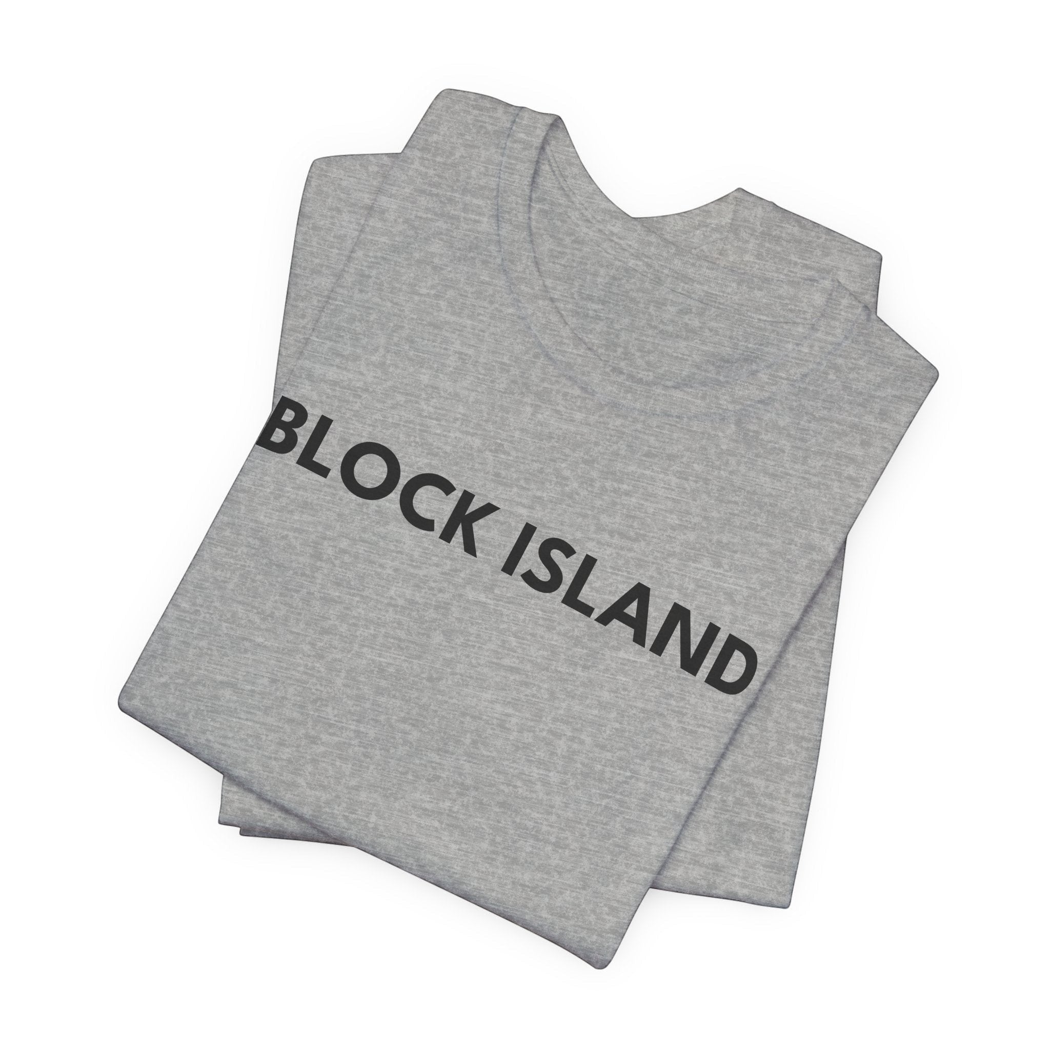 BlockBoundRI grey cotton t-shirt folded with Block Island text printed on the front