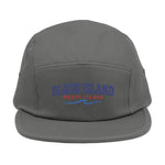 BlockBoundRI grey 5-panel cotton cap with embroidered Block Island Rhode Island text and blue wave design