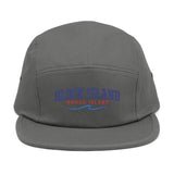 BlockBoundRI grey 5-panel cotton cap with embroidered Block Island Rhode Island text and blue wave design