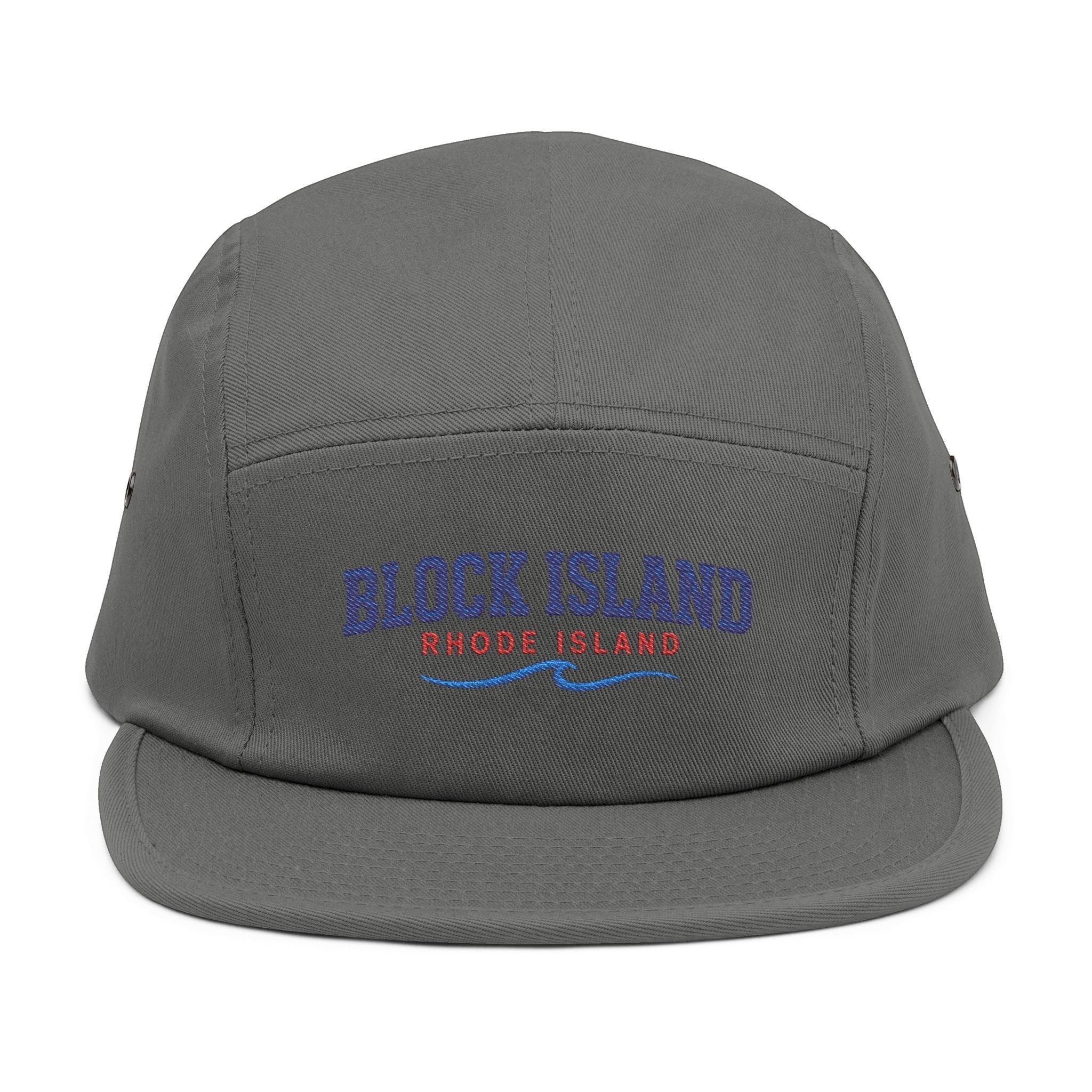 BlockBoundRI grey 5-panel cotton cap with embroidered Block Island Rhode Island text and blue wave design