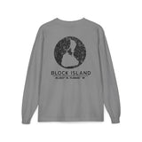 BlockBoundRI grey long-sleeve cotton shirt featuring a distressed Block Island map and coordinates on the back