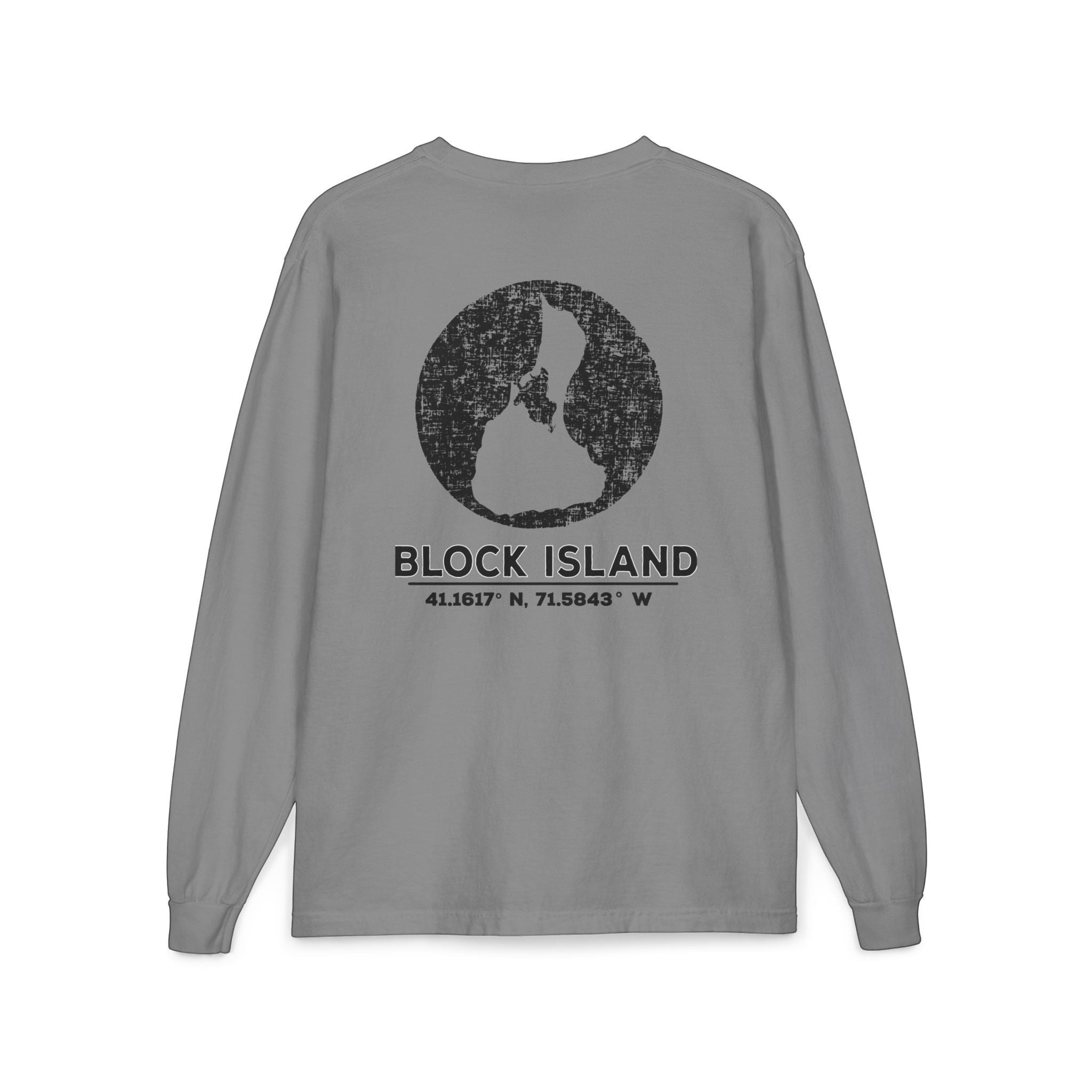 BlockBoundRI grey long-sleeve cotton shirt featuring a distressed Block Island map and coordinates on the back