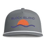 BlockBoundRI grey five-panel ripstop cap with a retro sunset and wave embroidery and white rope trim on the bill.