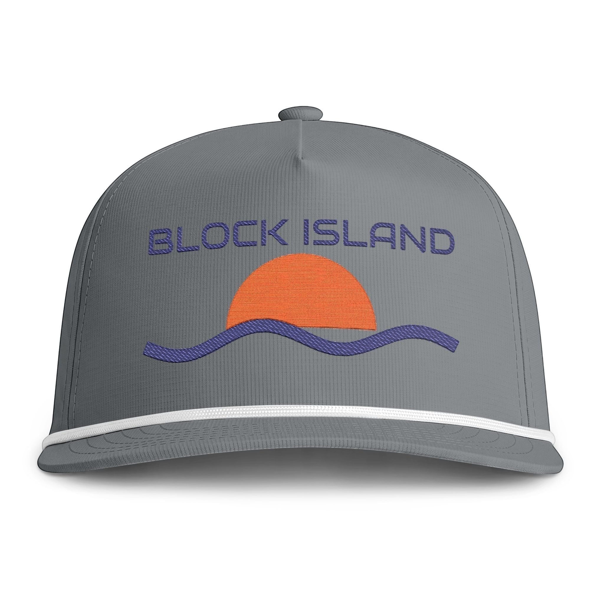BlockBoundRI grey five-panel ripstop cap with a retro sunset and wave embroidery and white rope trim on the bill.