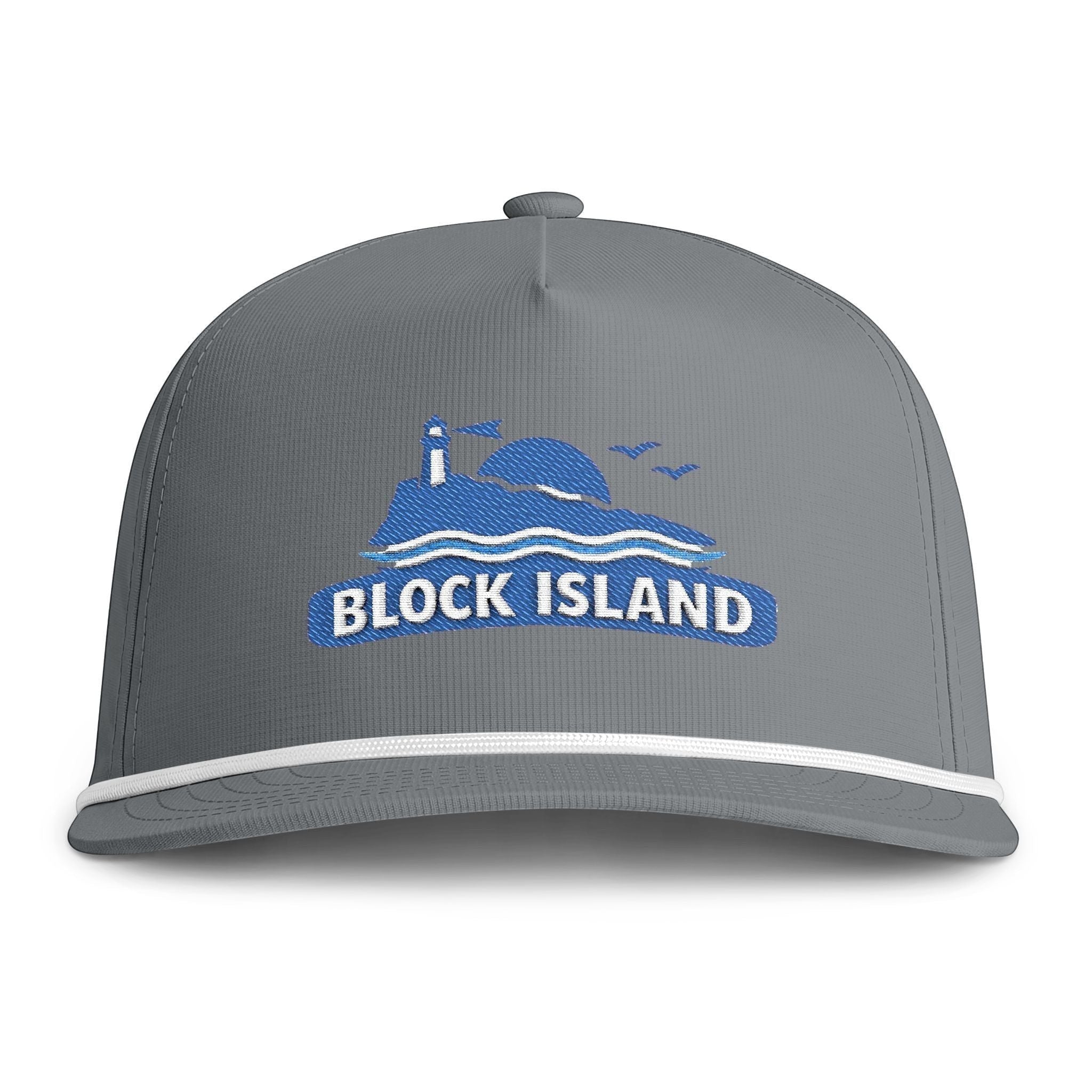 BlockBoundRI grey five-panel rope cap featuring embroidered Block Island lighthouse and seagull coastal artwork