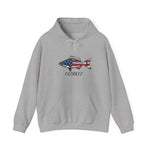 BlockBoundRI grey hooded sweatshirt featuring a hand-drawn striped bass with American flag pattern and zip code 02807