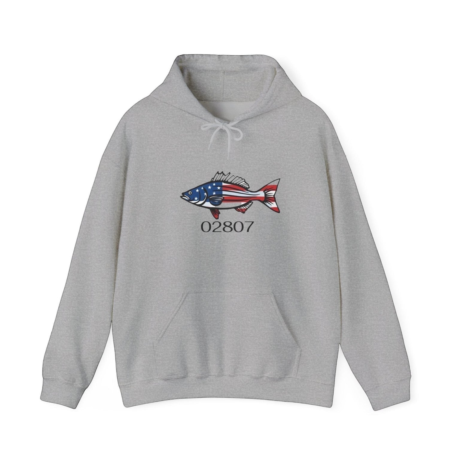 BlockBoundRI grey hooded sweatshirt featuring a hand-drawn striped bass with American flag pattern and zip code 02807