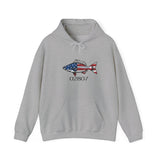 BlockBoundRI grey hooded sweatshirt featuring a hand-drawn striped bass with American flag pattern and zip code 02807