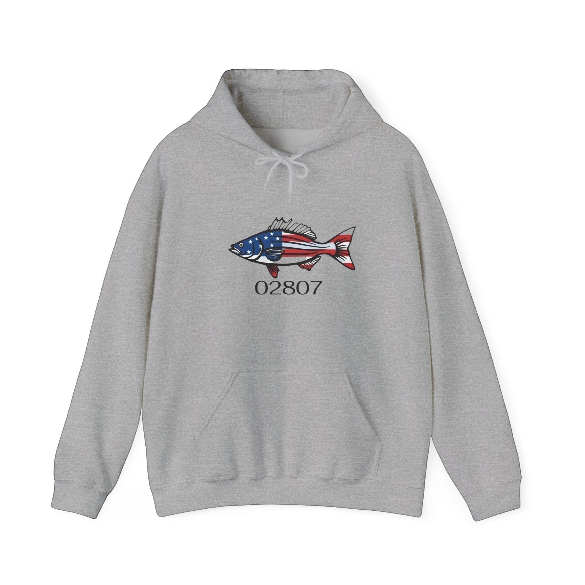 BlockBoundRI grey hooded sweatshirt featuring a hand-drawn striped bass with American flag pattern and zip code 02807