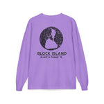 BlockBoundRI lavender long sleeve cotton shirt with distressed black Block Island map and coordinates on the back