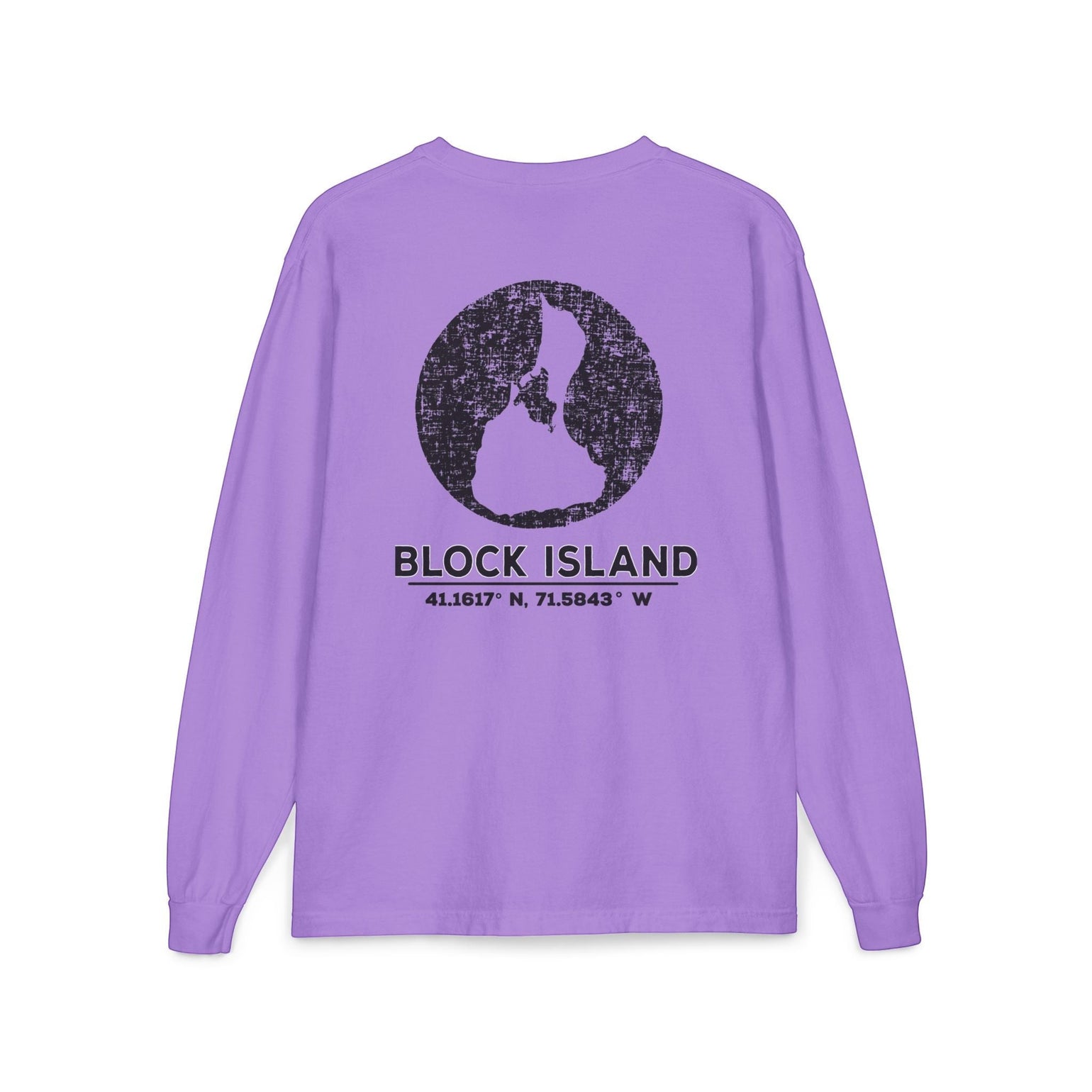 BlockBoundRI lavender long sleeve cotton shirt with distressed black Block Island map and coordinates on the back