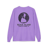 BlockBoundRI lavender long sleeve cotton shirt with distressed black Block Island map and coordinates on the back