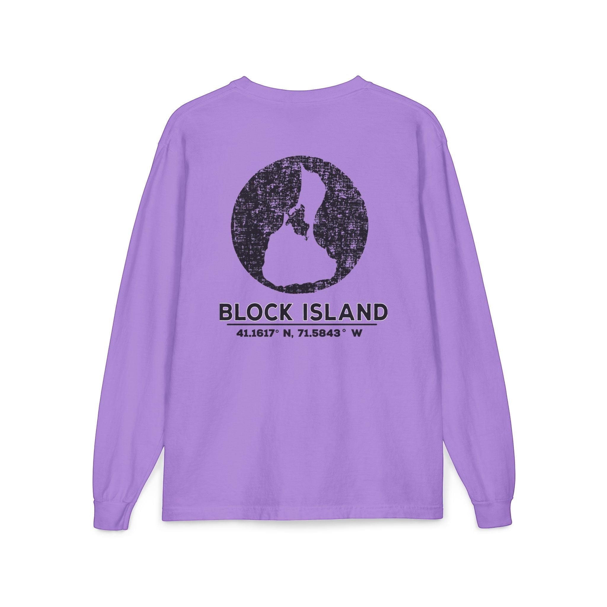 BlockBoundRI lavender long sleeve cotton shirt with distressed black Block Island map and coordinates on the back