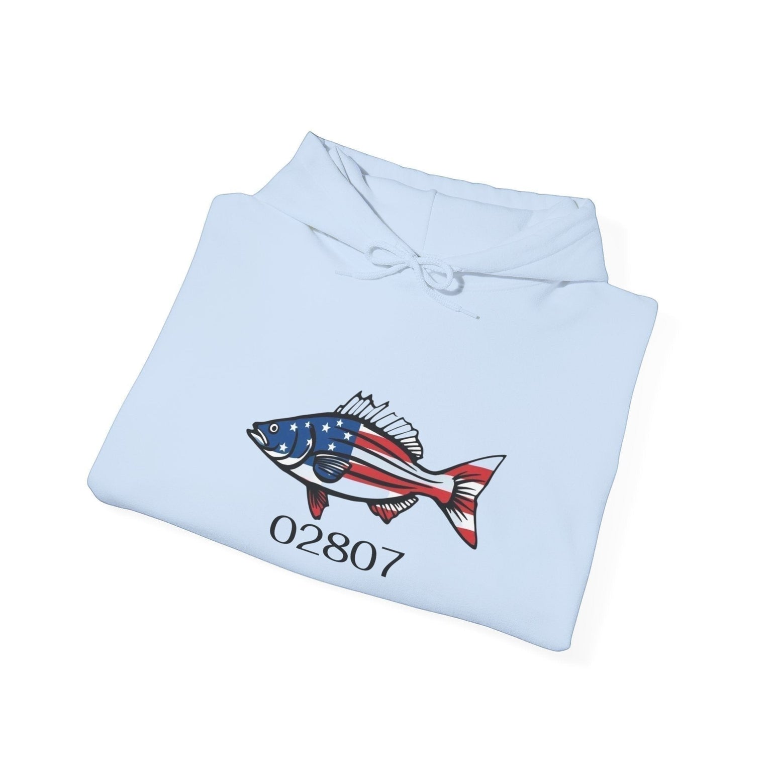 BlockBoundRI light blue hooded sweatshirt featuring a hand-drawn striped bass with American flag pattern and 02807 text.